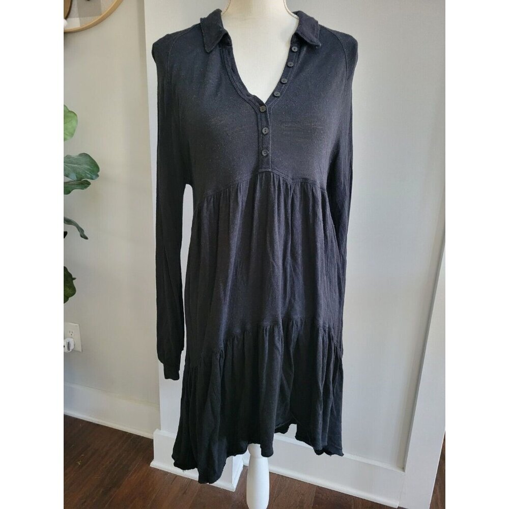 Free People Black Long-Sleeve Asymmetrical Tiered Collared Dress